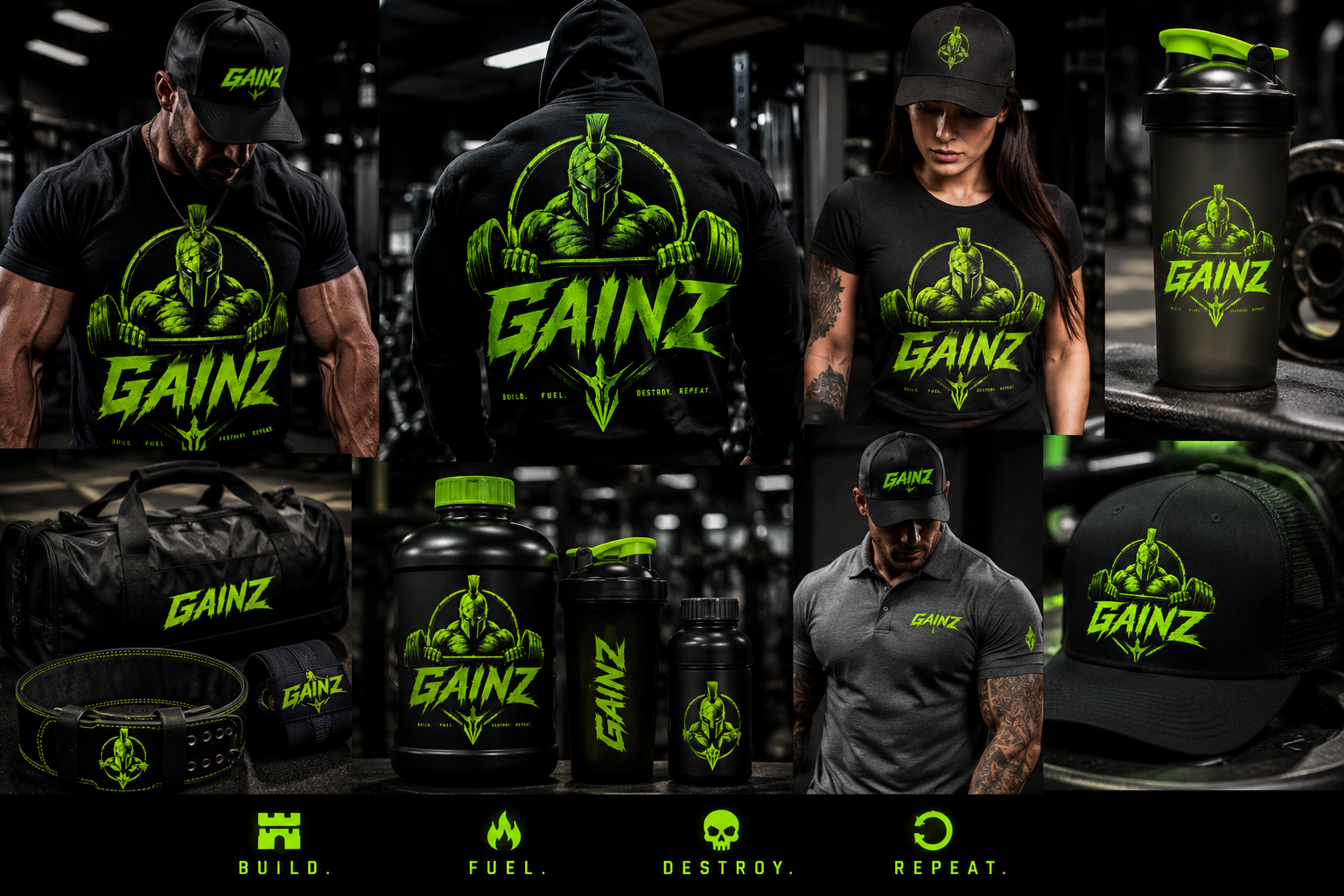 GAINZ product lineup — apparel, caps, shakers, duffel and belt